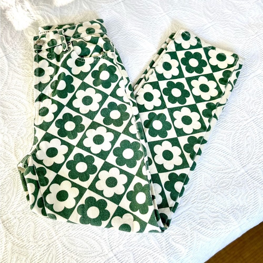 PacSun Womens Flower Jeans Green Love Daisy High Rise Straight Button Fly Sz 24